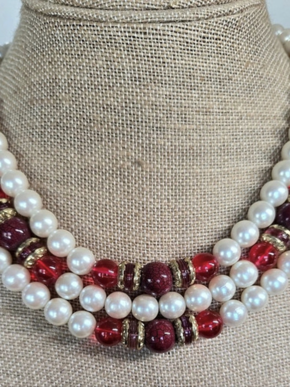 Vintage Faux Pearl & Red Beaded Statement Necklace